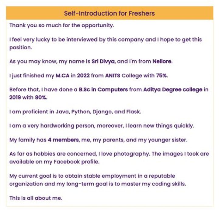 How can I introduce myself in interview for fresher?