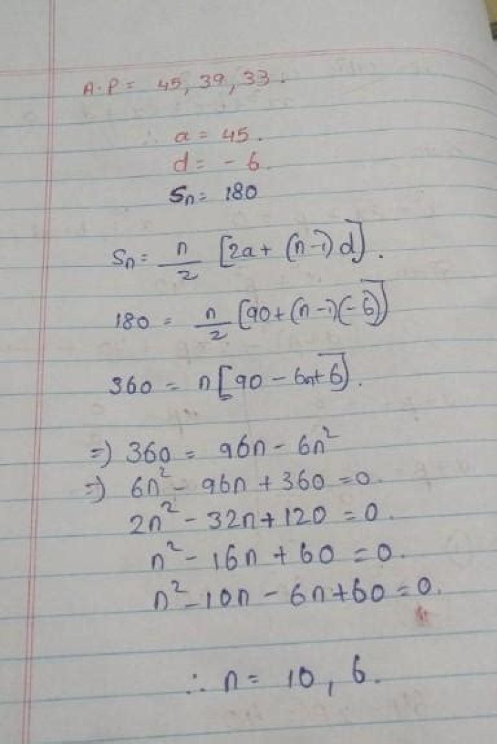 How many terms of the AP 45 39 33 must be taken so that their sum is 180 explain the double answer?